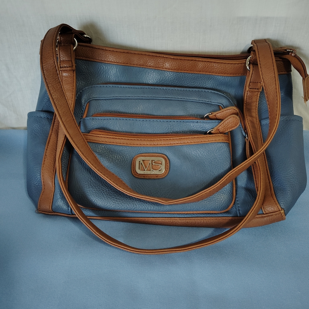 MS Blue and Brown Leather Shoulder Bag